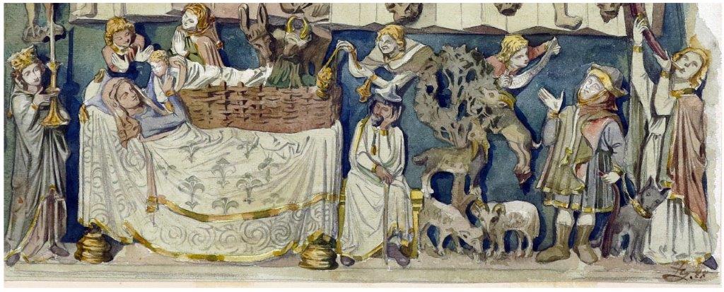 Aquarell von Fritz Geiges mit dem Ausschnitt der Geburt Christi aus dem Tympanon des Hauptportals