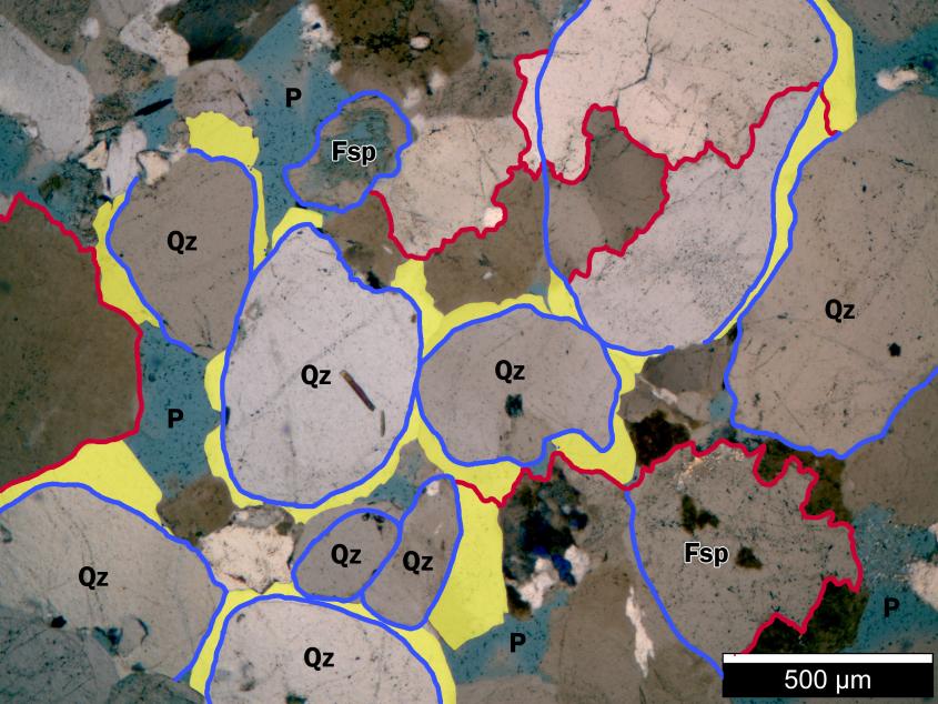 Sandstein unter dem Mikroskop, Bindungen und Bestandteile farbig hervorgehoben